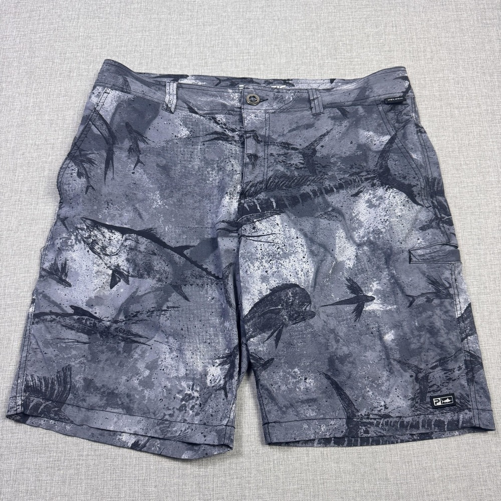 PELAGIC Fishing Shorts Mens 34 Gray Nylon Spandex Microfiber Pockets 9" Inseam